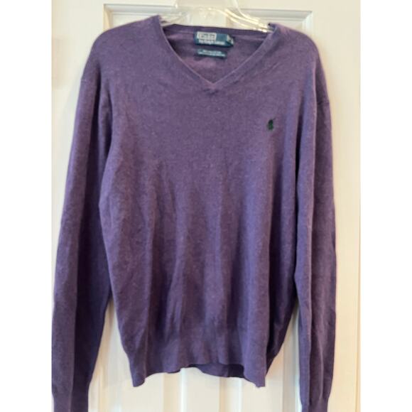 Polo Ralph Lauren Sweater Men Medium Purple Pima Cotton Pullover V Neck Academia - Picture 1 of 8